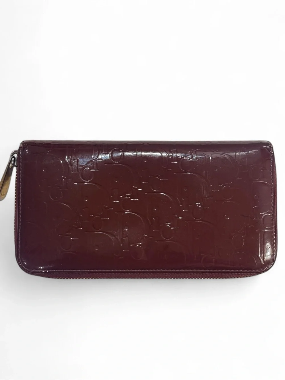 Christian Dior Vintage Trotter Print Patent Leather Long Zip Wallet | Burgundy
